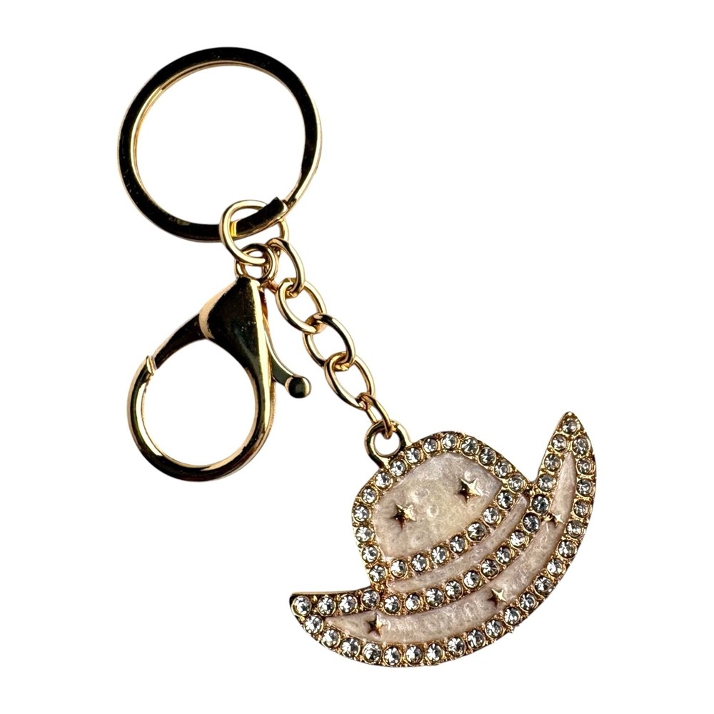 Gold Tone Western Cowboy Hat Keychain Rhinestone Charm 4 Inch Bag Clip Accessory